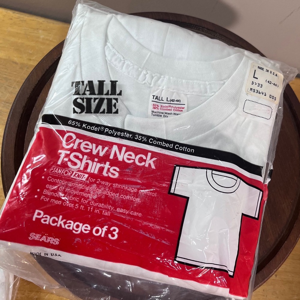 Sears Crew Neck T-Shirts Mens L Tall White Vtg 3-Pack Made in USA Deadstock
